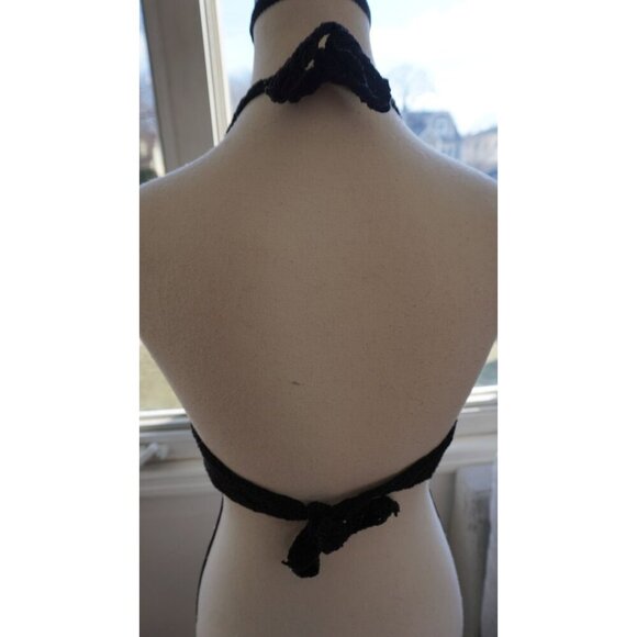 Black Crochet Halter Bralette | Boho Festival Crop Top | Adjustable Tie-Back - Picture 5 of 8